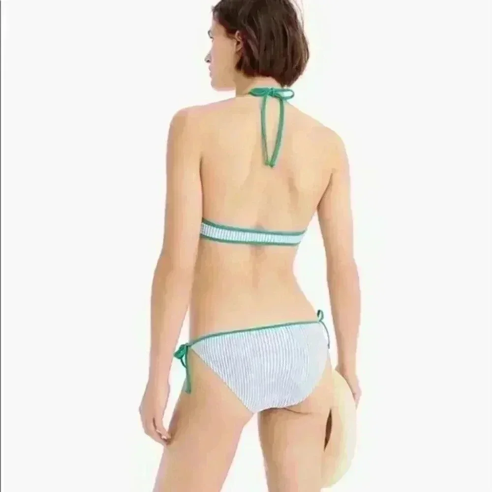 J. Crew blue seersucker w/ green tipped tie sides bikini swim bottoms Sz xxl